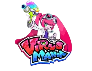 Virus Adventure slot logo by Win Fast with cartoon female character and colorful blaster
