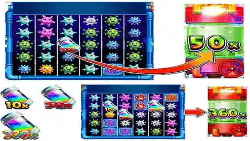 Virus Mania slot WILD symbols with multipliers 10x, 50x, 200x, 360x during bonus game