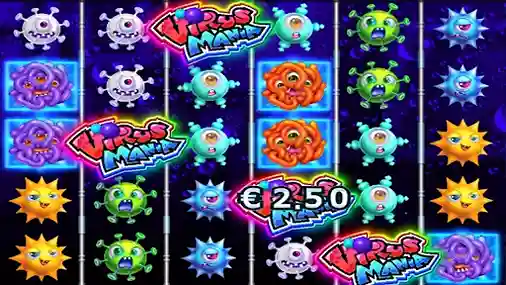 Virus Spin slot gameplay with colorful virus symbols and €2.50 win on the reels by Win Fast
