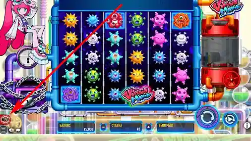 Virus Mania slot main game screen with buy feature button for starting the bonus round easily