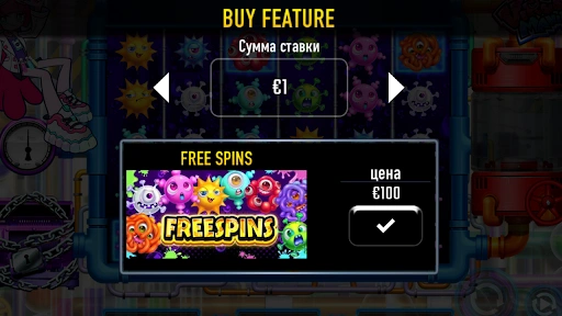Virus Mania slot buy feature window with free spins purchase option for €100 bonus game