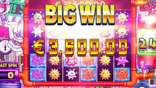 Virus Mania slot big win screenshot with €3600 prize on colorful reels full of virus symbols
