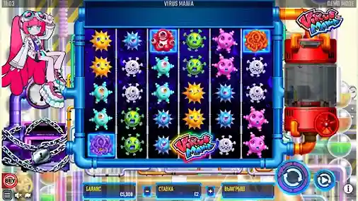 Virus Adventure slot base game screen with colorful virus symbols and bright cartoon graphics