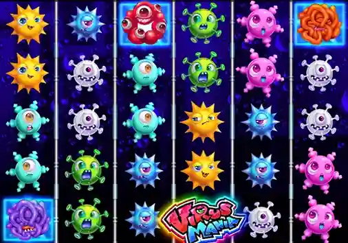 Virus Battle slot game reels with colorful virus symbols and vibrant cartoon design by Win Fast