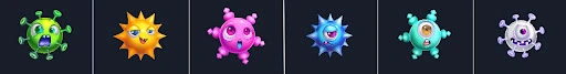 Virus Battle slot symbols collection with colorful cartoon viruses and fun game icons